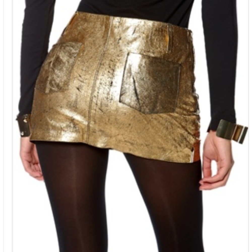 One Teaspoon Fear And Loathing Metallic Gold Leather Skirt XS/Sm